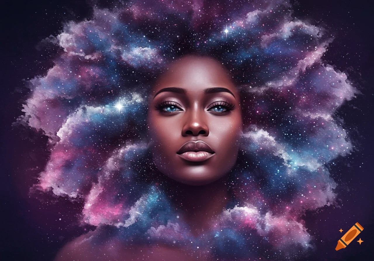 A stunning portrait of a black woman with piercing blue eyes, her hair transformed into a vibrant galaxy of purple and blue clouds and stars.