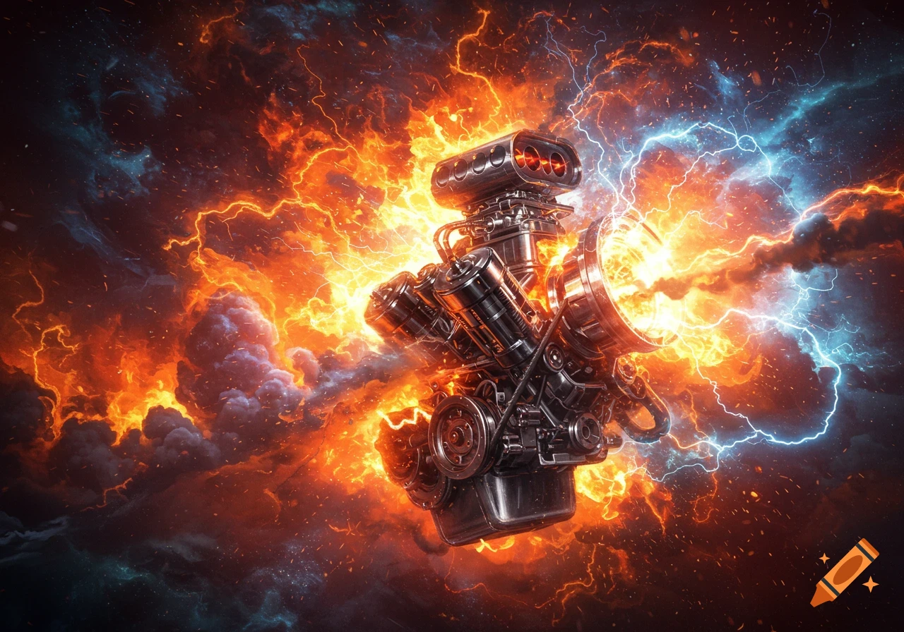 A powerful, detailed engine ignites with vibrant orange and red flames, smoke, and blue lightning against a dark, stormy background.