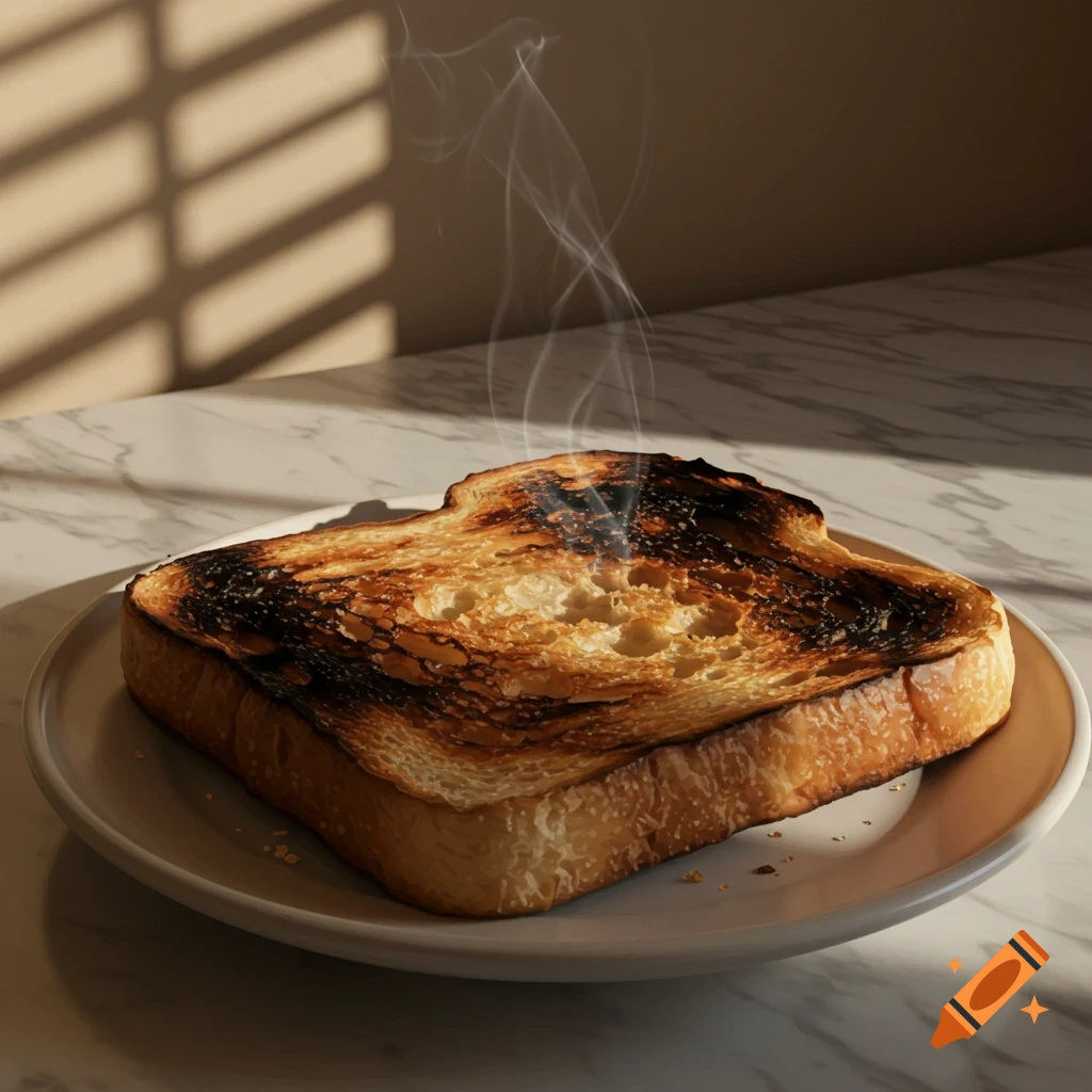 A steaming, very burnt slice of toast sits on a white plate on a marble counter, with window blind shadows on the wall.
