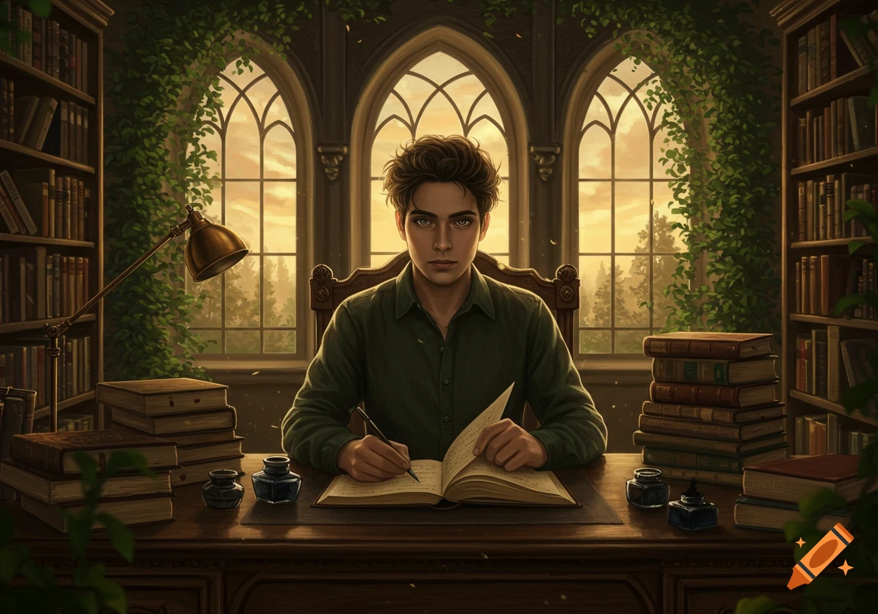 Young man with dark hair writing in a large book at a wooden desk, surrounded by bookshelves and ivy-covered arched windows, fantasy art.