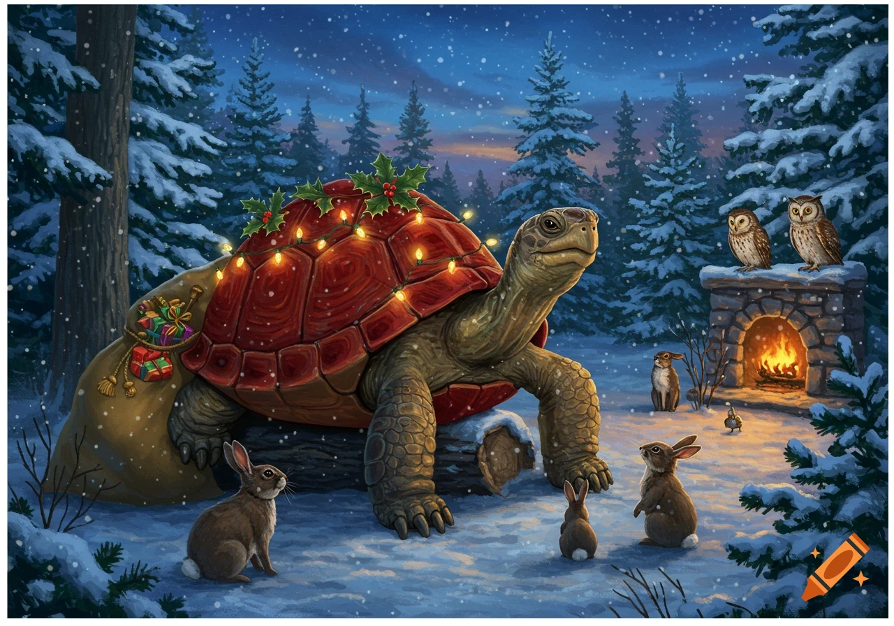 A festive turtle adorned with Christmas lights and holly carries gifts through a snowy forest, accompanied by rabbits and owls near a warm fireplace.