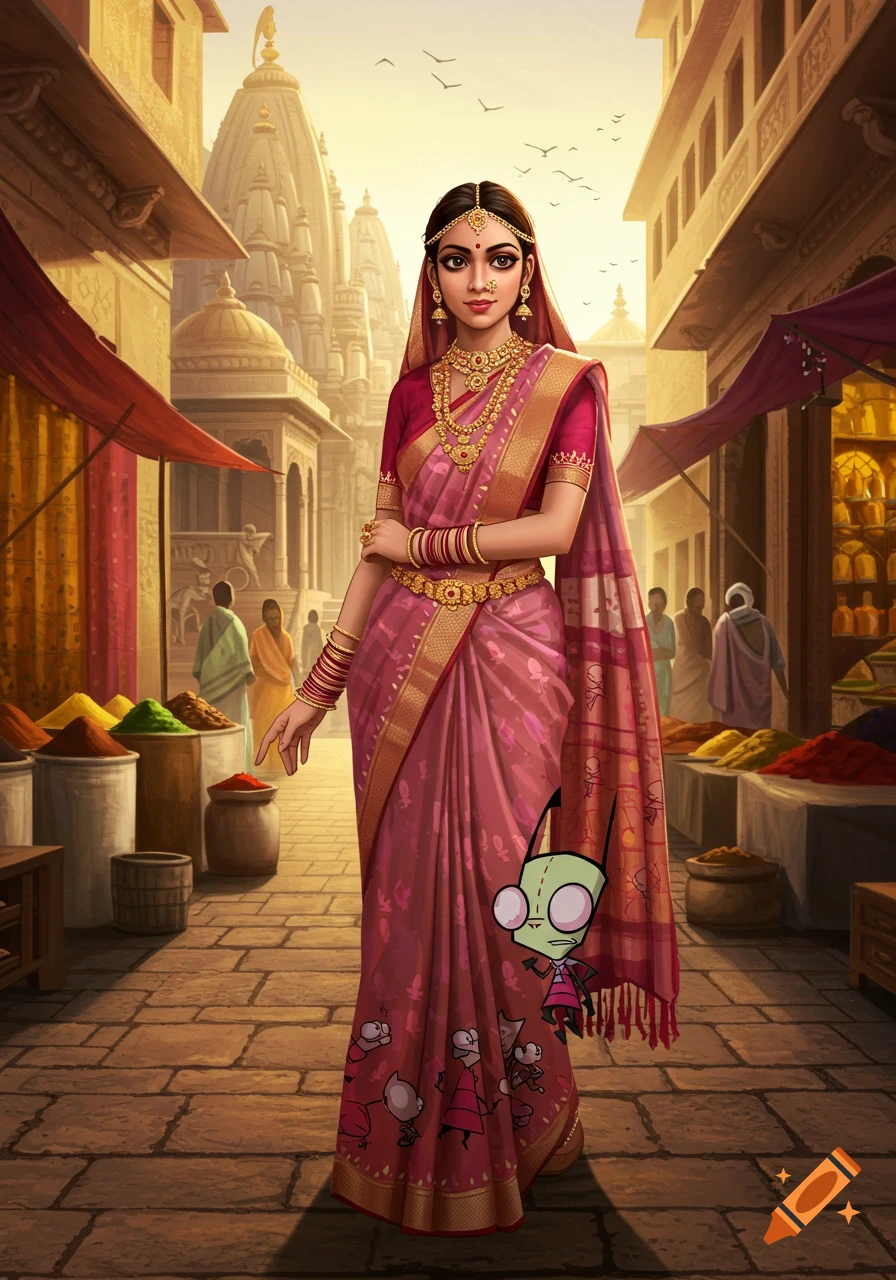 A Hindu woman in a pink sari, featuring Invader Zim characters, stands in a vibrant Indian market street with a temple.