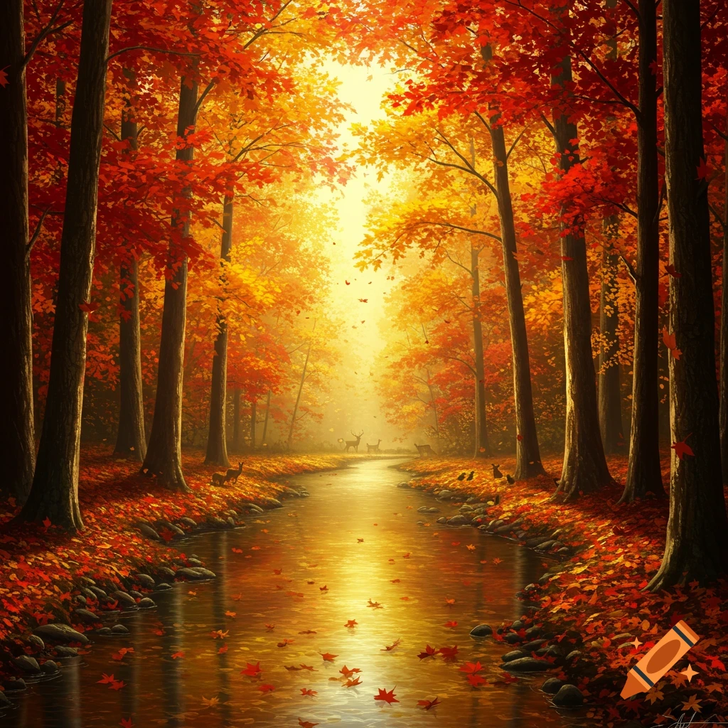 Vibrant autumn forest with a winding river reflecting sunlight, surrounded by trees with red and orange leaves, and distant deer.