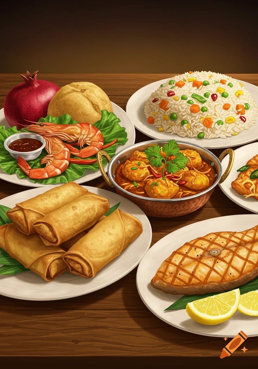 A colorful stylized illustration of a feast with eggrolls, shrimp, curry, fried rice, and grilled fish on a wooden table.