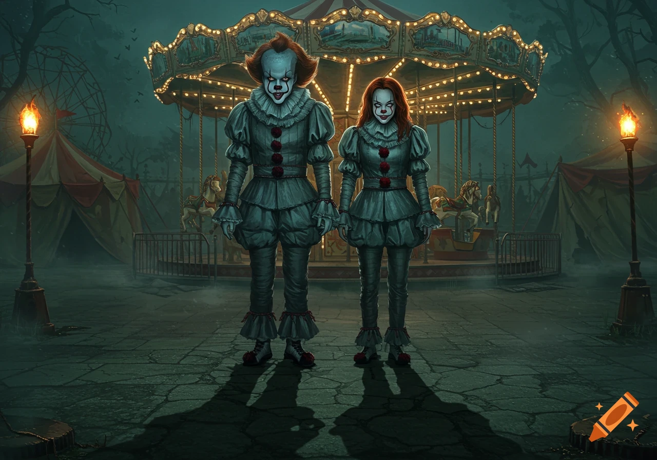 Two eerie Pennywise-like clowns stand in front of a lit carousel at a misty, abandoned carnival.