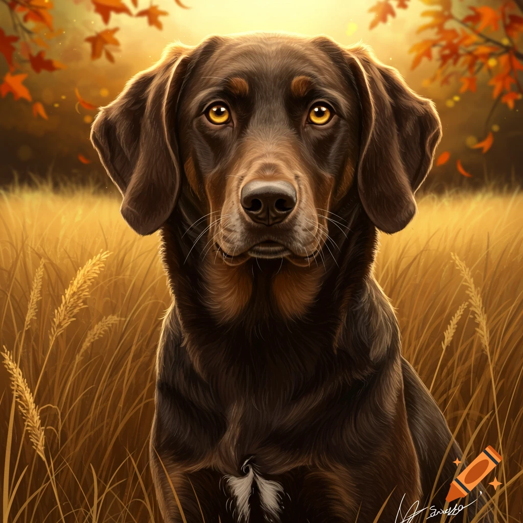 Close-up of a dark brown hound mix dog with yellow eyes sitting in golden autumn grass with falling leaves.