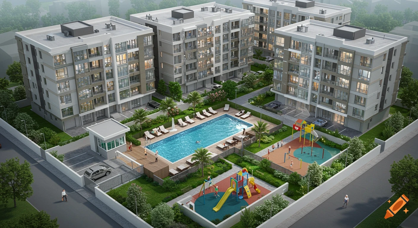Aerial view of a modern residential complex with three apartment buildings, a swimming pool, and two playgrounds, surrounded by green space.
