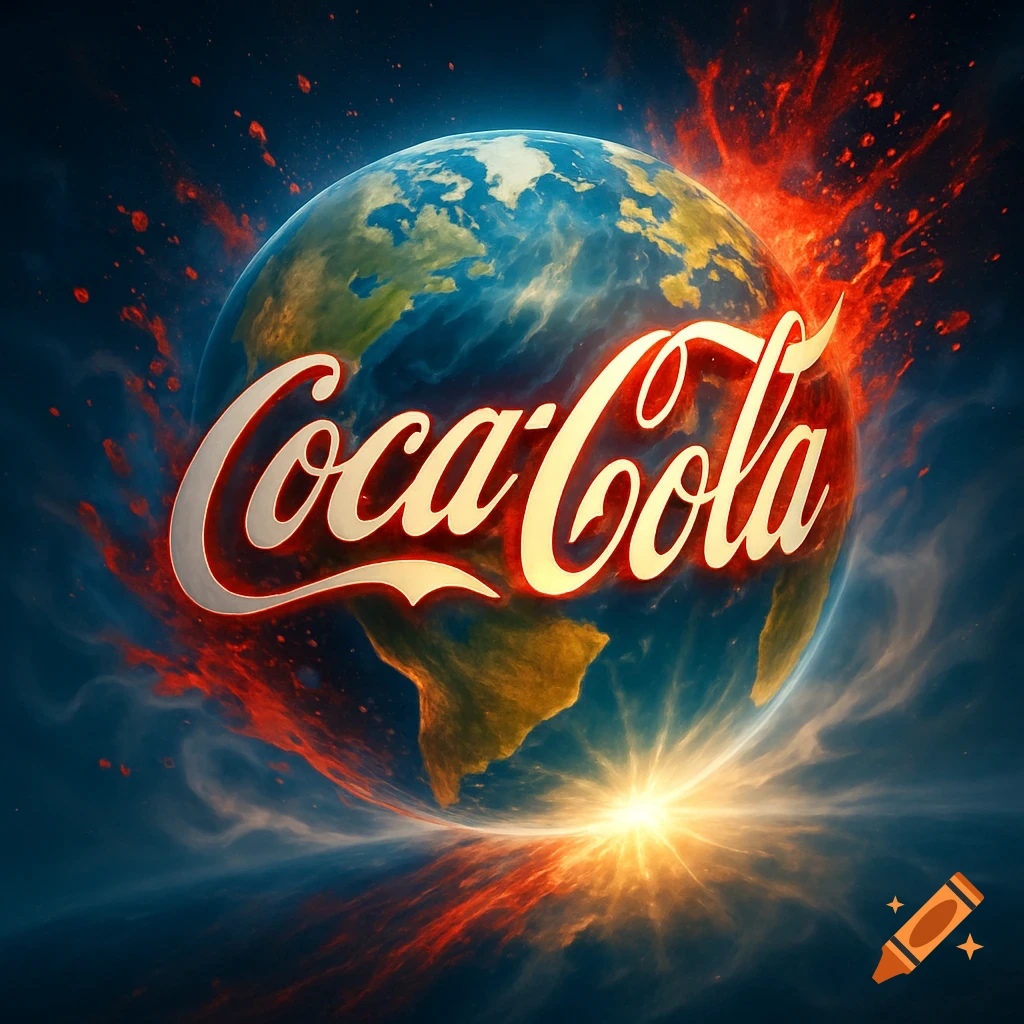 The Earth with a glowing Coca-Cola logo at its center, surrounded by vibrant red and orange cosmic energy and light.