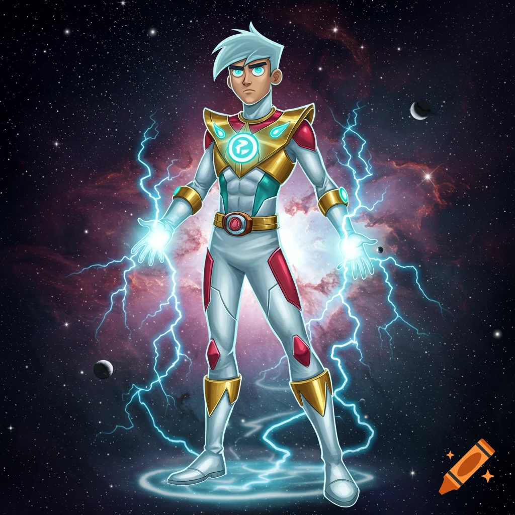 Cartoon male character in a white, red, and gold superhero suit with glowing blue lightning in a starry galaxy.
