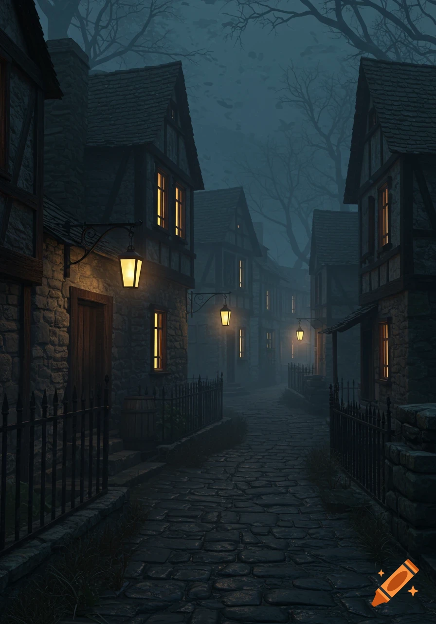 A dark, foggy cobblestone street winds through an old village with illuminated windows and lanterns at night, bare trees in the background.