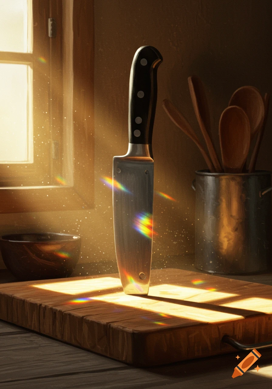 A chef's knife stands upright on a wooden cutting board, illuminated by sunlight and rainbow refractions in a rustic kitchen.