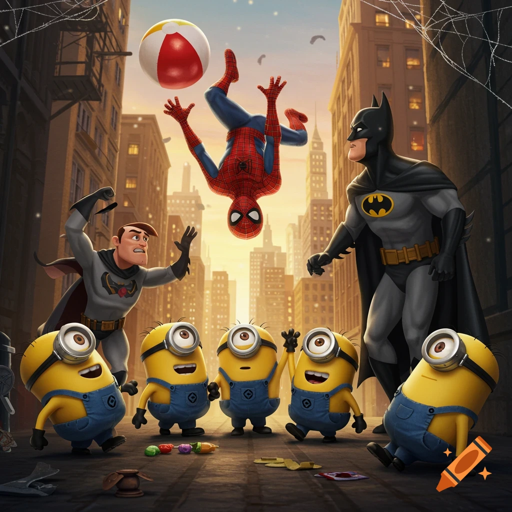 Spider-Man, Batman, and other superheroes play beach ball with Minions on a city street at sunset, in a cartoon style.