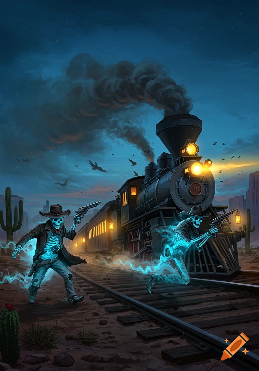 Two glowing blue skeleton cowboys attack a steam train in a dark desert with saguaro cacti under a night sky.