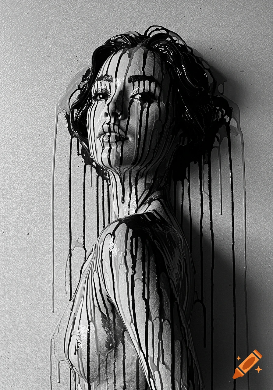 Black and white portrait of a woman covered in dark dripping paint, her head tilted upwards, resembling a bas-relief sculpture.