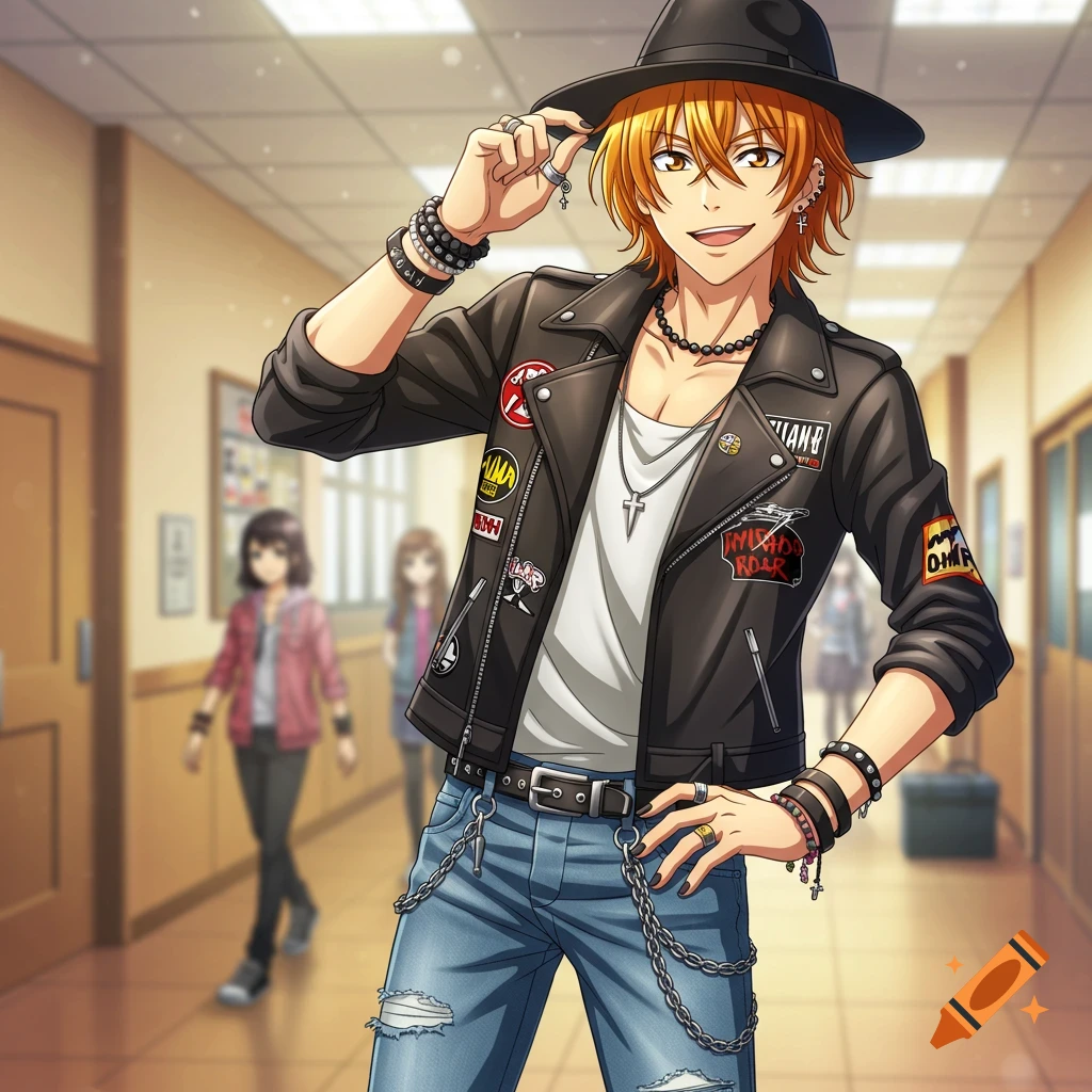 Anime male character with orange hair, black fedora, leather jacket with patches, and ripped jeans, smirking in a school hallway.