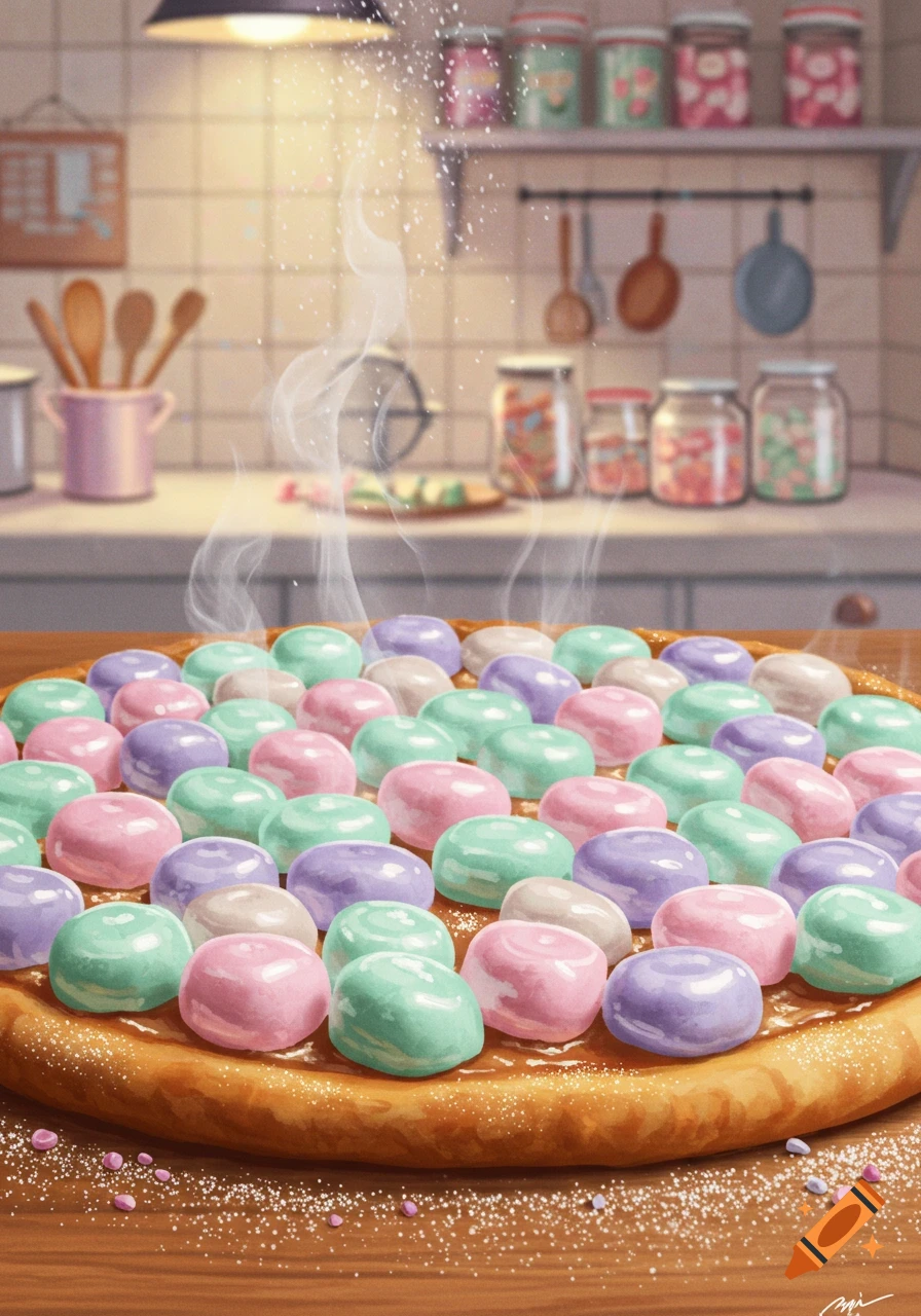 An illustrated sweet pizza-like dessert topped with pastel candies, sprinkled with powdered sugar, in a cozy kitchen.