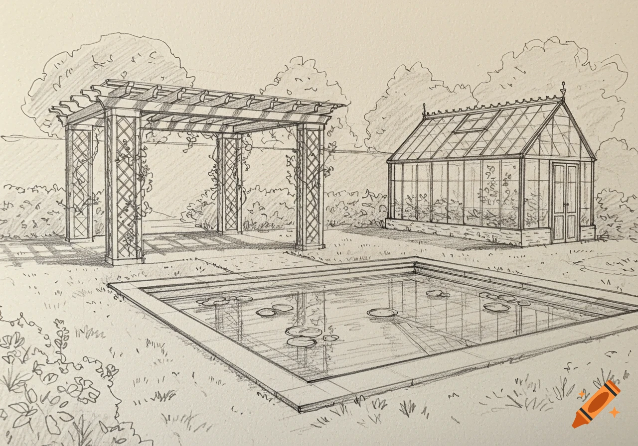 Pencil sketch of a garden featuring a pergola, rectangular pond with lily pads, and a greenhouse.
