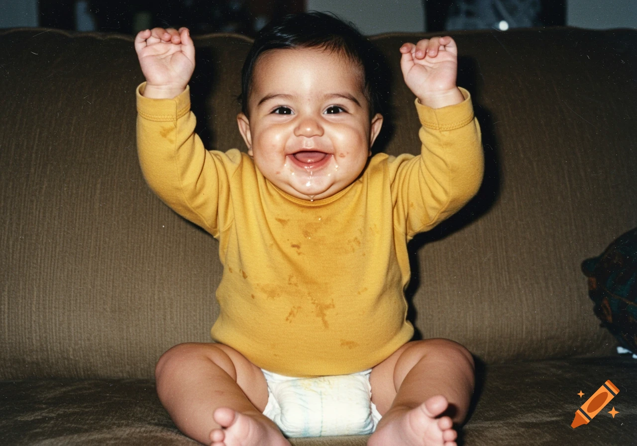 A chubby, happy baby with dark hair, wearing a yellow shirt with stains and a diaper, sits on a couch with arms raised in fists.