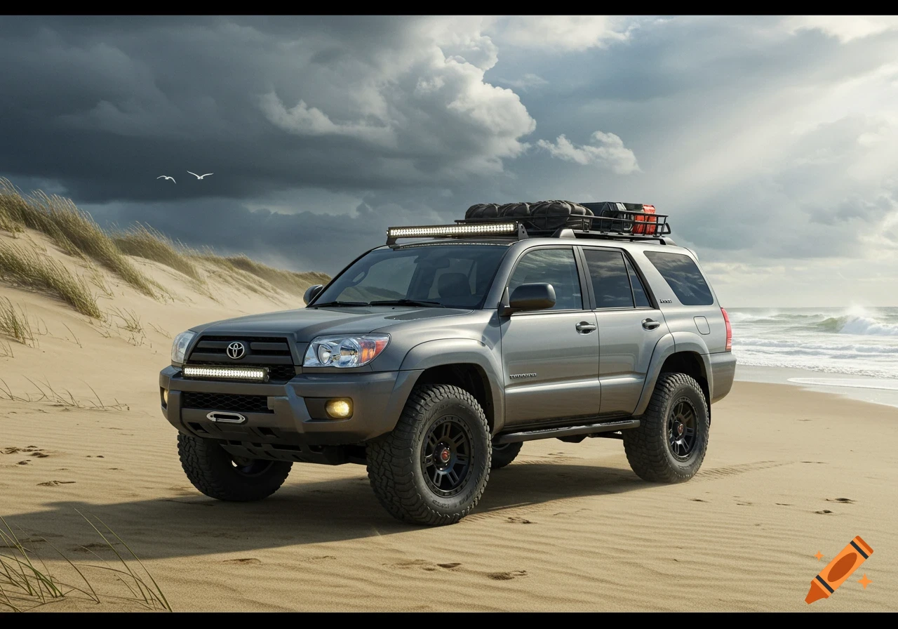 A grey Toyota 4Runner with off-road gear is parked on a sandy beach under a dramatic cloudy sky.