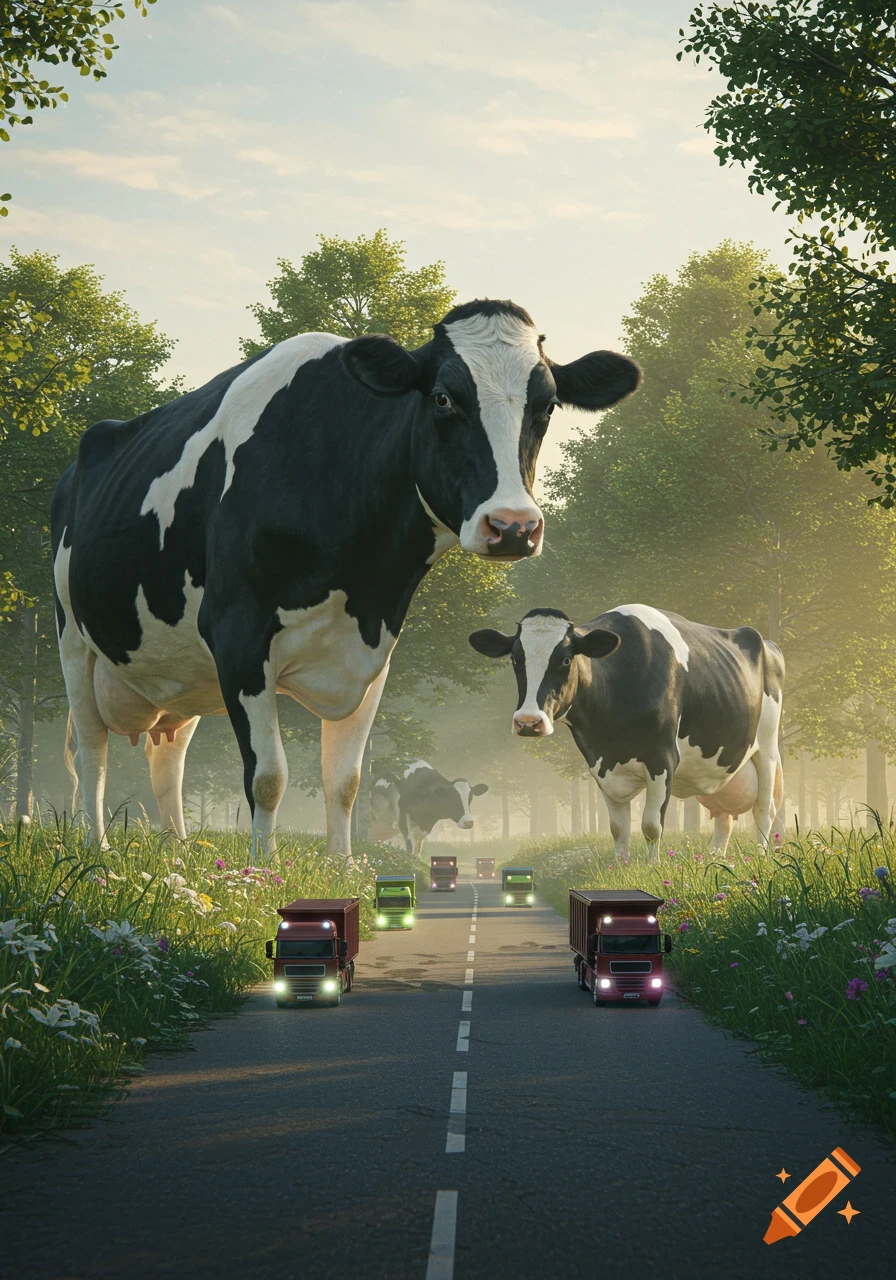 Giant Holstein cows line a forest road, watching tiny trucks pass by in a photorealistic setting.