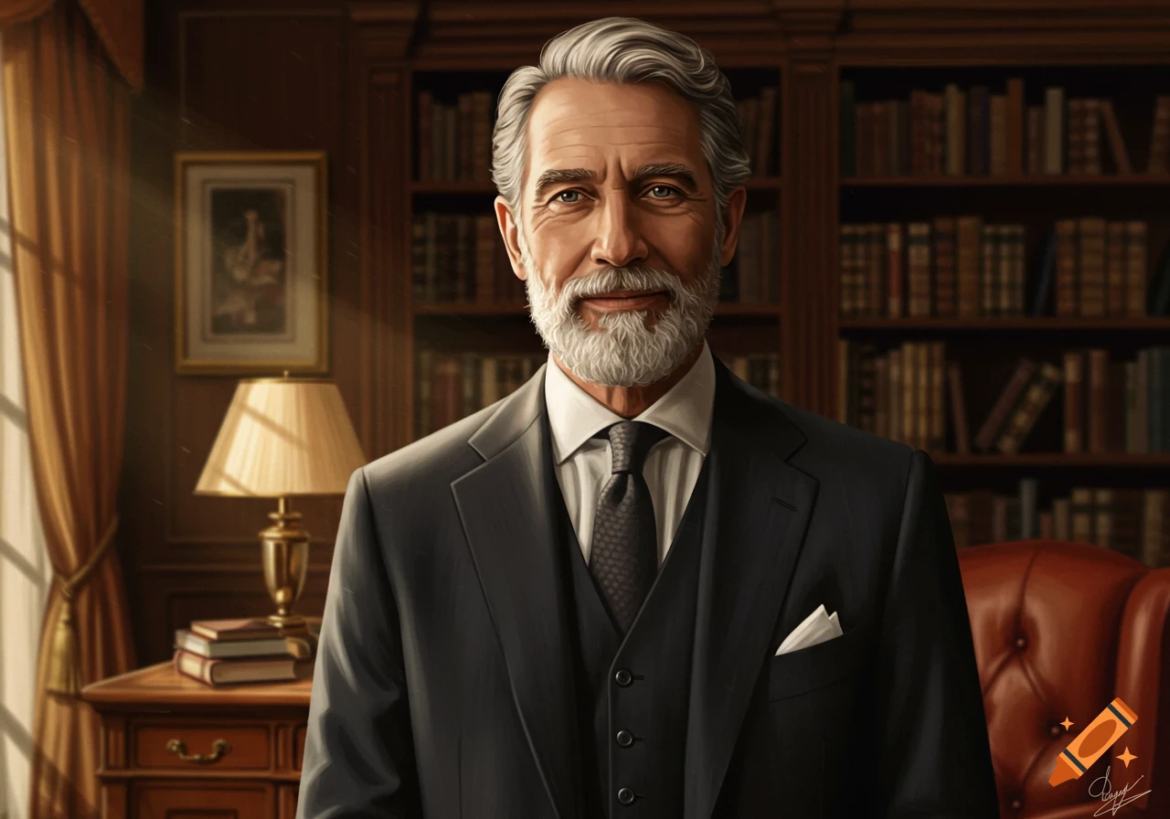 Photorealistic portrait of a distinguished older man with a gray beard in a suit, standing in a well-lit library.