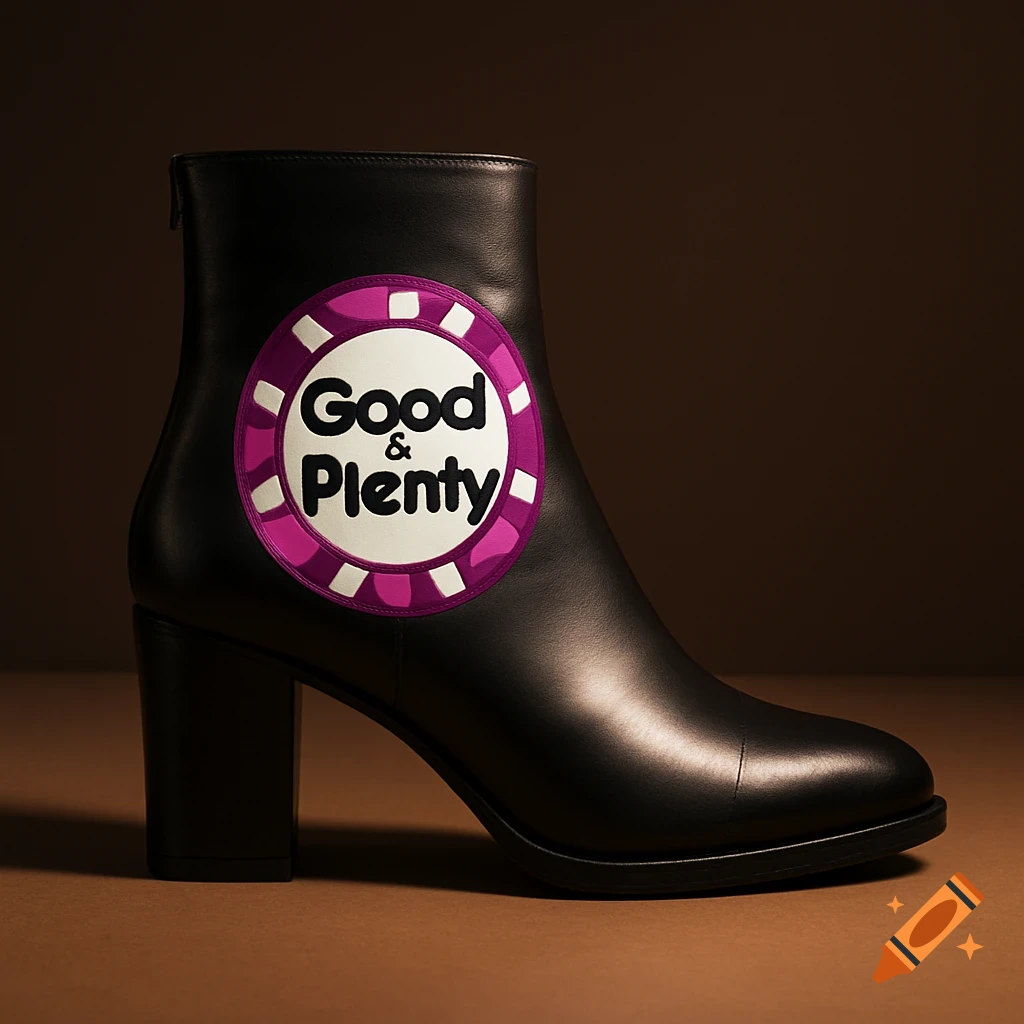 A black leather ankle boot with a purple and white poker chip-like logo displaying "Good & Plenty" on its side.