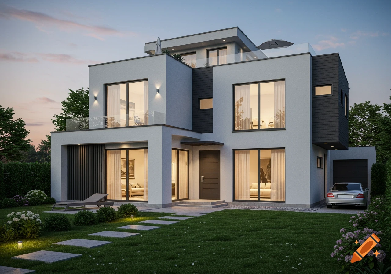 A modern, two-story house with a flat roof, large windows, a well-kept lawn, and a car in the driveway at dusk.