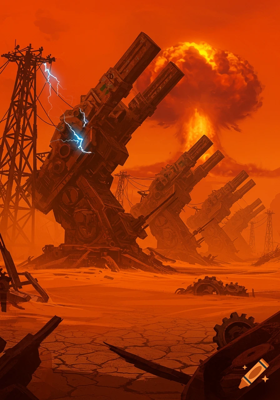 Massive derelict futuristic weapons stand in a cracked red desert under an orange sky with a mushroom cloud and lightning.