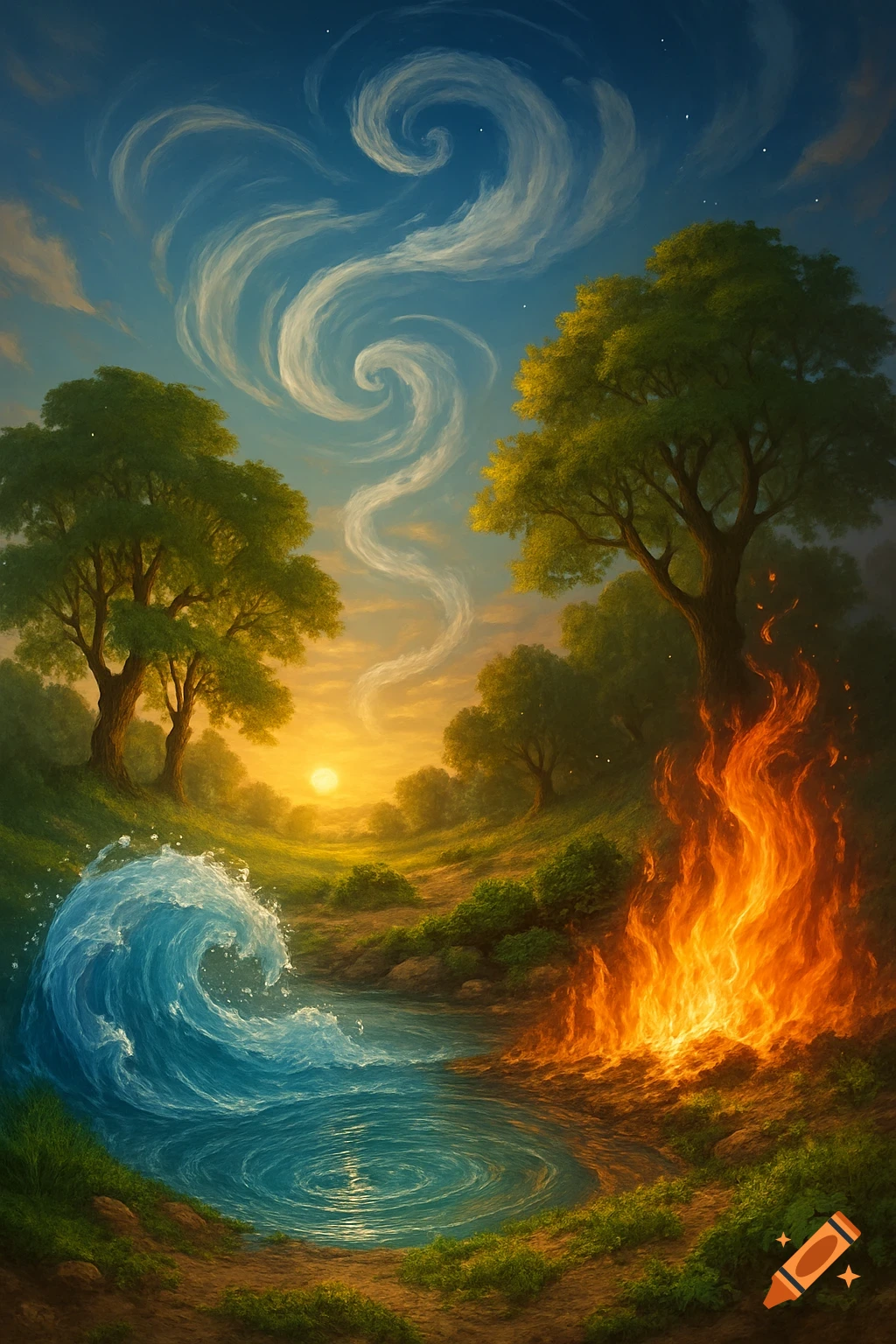 Vibrant fantasy landscape with a large water wave, fire, trees, and swirling clouds at sunset.