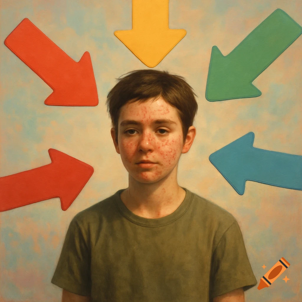 A young person with visible acne looks forward, surrounded by large red, yellow, green, and blue arrows pointing inwards, in a realistic painting style.