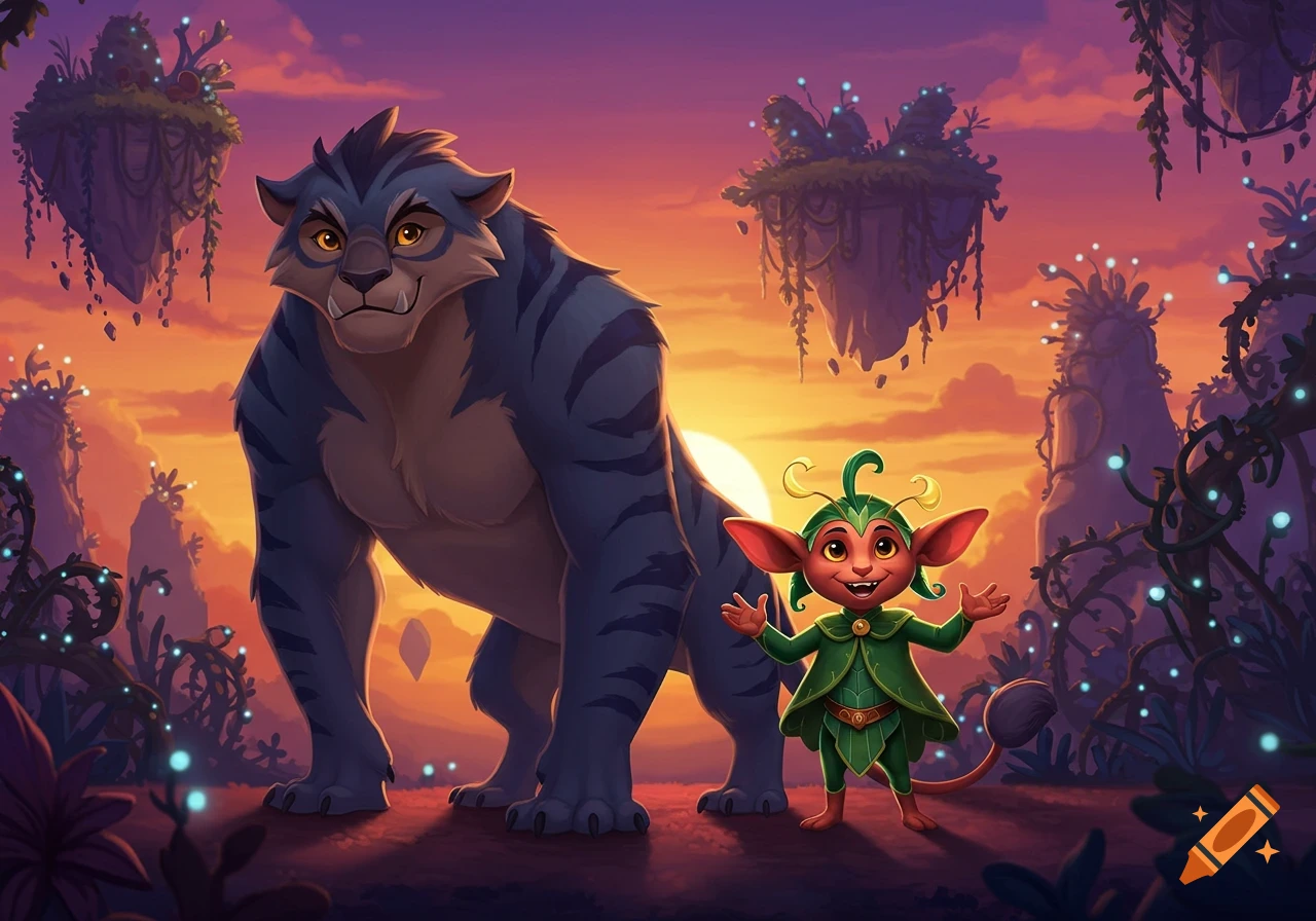 A large blue striped cat-like creature and a small green goblin-like creature stand in a vibrant fantasy landscape with floating islands and glowing plants at sunset.