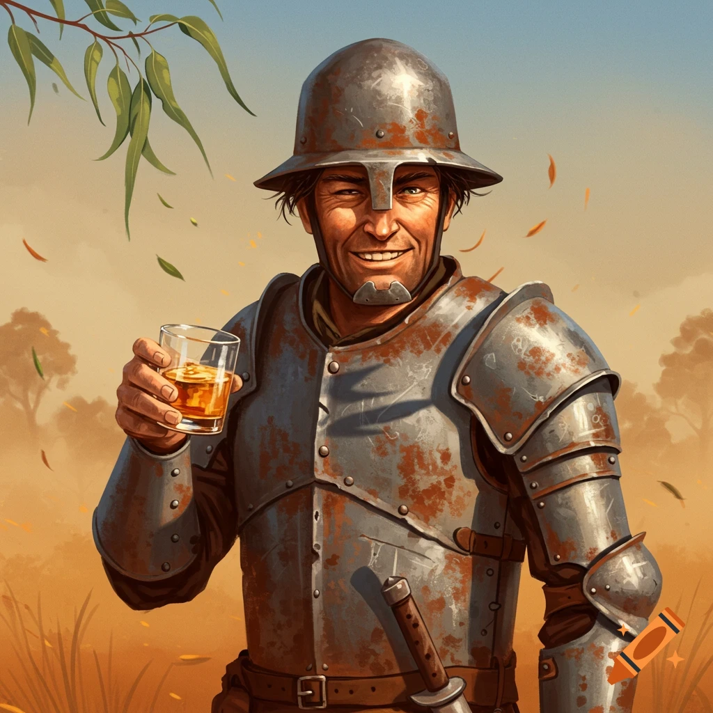 A smiling man in rusty armor with a helmet holds a glass of whiskey, winking under a tree with falling leaves.