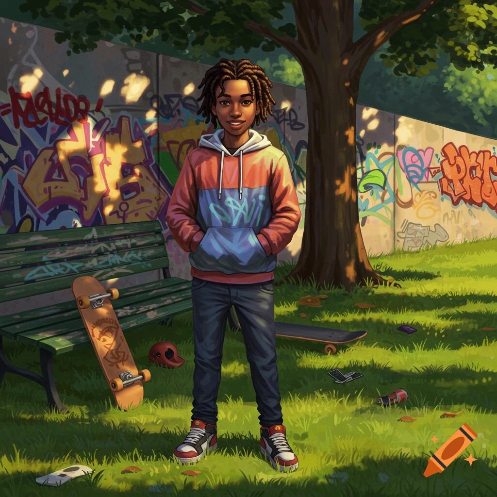 A smiling teenage boy with dreadlocks stands in a park with graffiti-covered walls, a skateboard on a bench, and a skateboard on the ground, in an illustrated style.