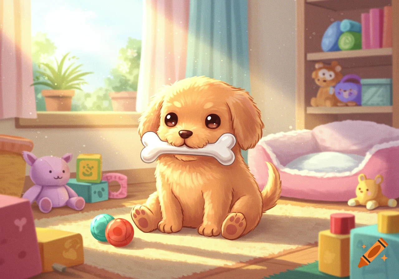 A cute cartoon golden puppy with big eyes sits in a sunlit playroom holding a bone, surrounded by colorful toys.