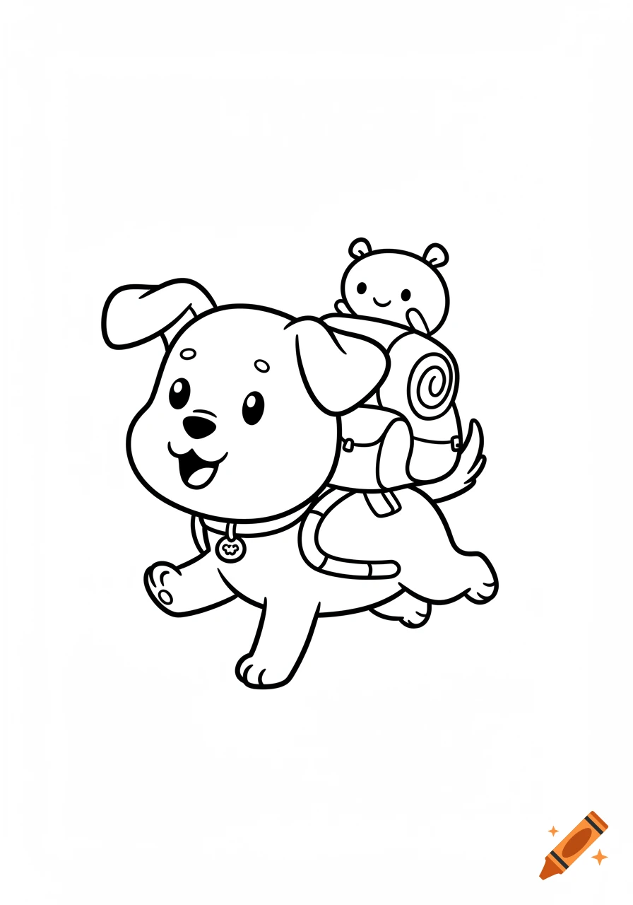 A playful cartoon puppy in black and white line art, walking happily with a tiny backpack and a small bear creature on top.