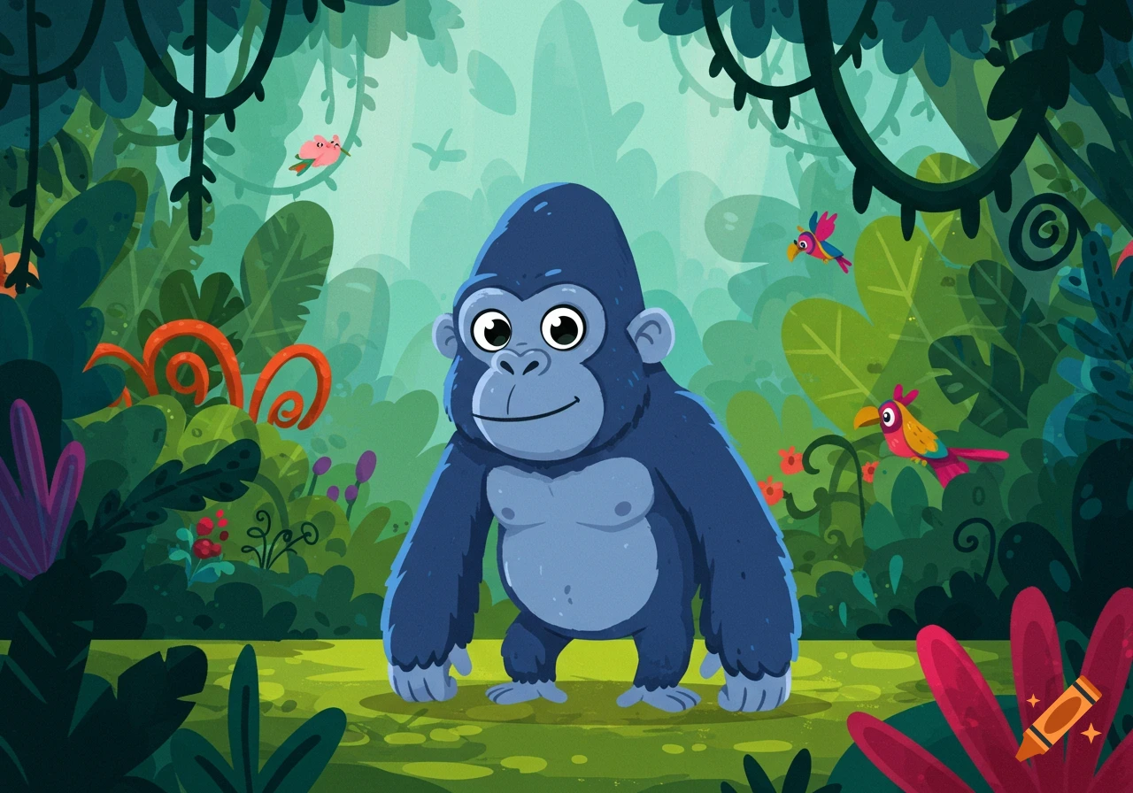 A smiling blue cartoon gorilla stands front and center in a lush, vibrant green jungle with colorful birds.