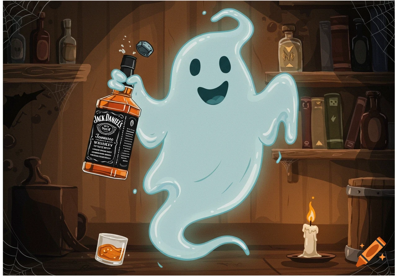 A happy cartoon ghost holding an open Jack Daniel's whiskey bottle, with a glass of whiskey and a lit candle in a dark, spooky wooden room.