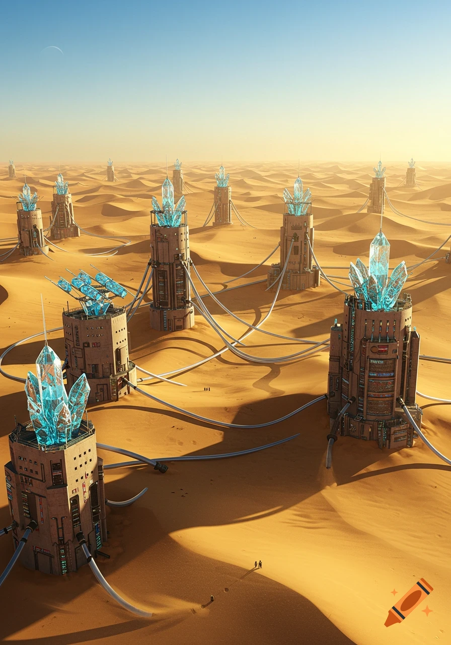 Futuristic desert landscape with light-blue crystal-topped towers interconnected by pipes, under a clear sky with a distant moon.