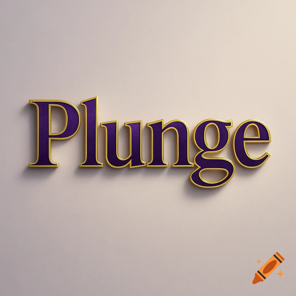 The word 'Plunge' in royal purple velvet with a gold outline, casting a subtle shadow on a light background.