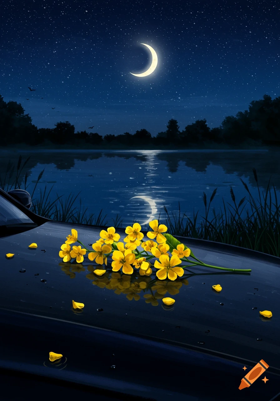 Illustrative night scene with yellow flowers on a car hood, crescent moon reflected in a calm lake.
