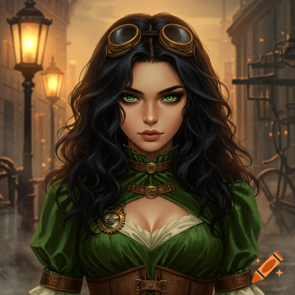 A captivating portrait of a woman with wavy black hair, emerald green eyes, and goggles on her forehead, wearing a green and brown steampunk outfit in a misty, gaslit city.