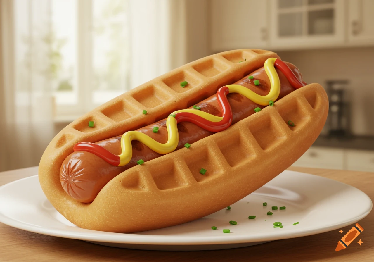 Photorealistic image of a hotdog in a waffle bun topped with ketchup, mustard, and green chives on a white plate in a kitchen.