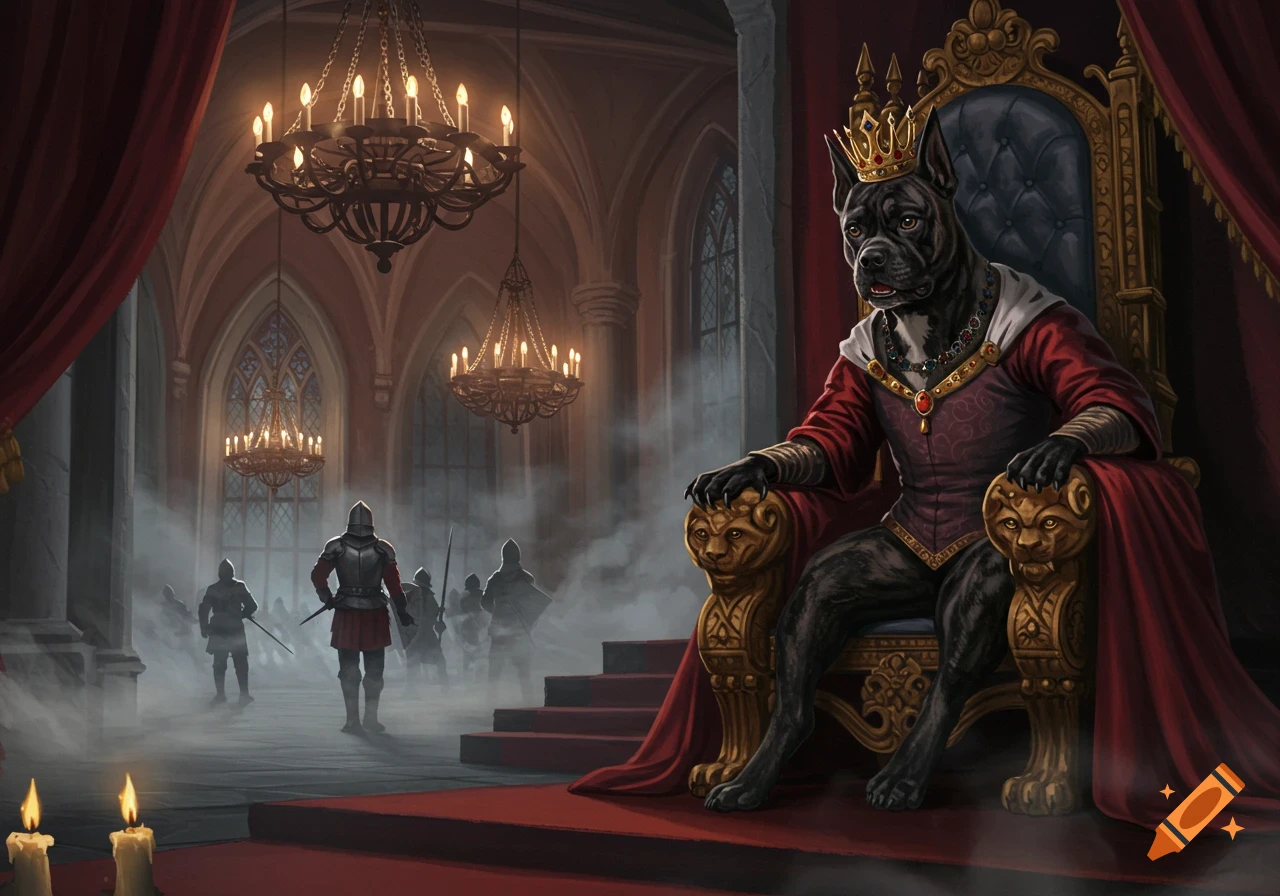 A black dog king in royal robes and crown sits on an ornate throne in a grand medieval hall with armored guards. Dark fantasy.