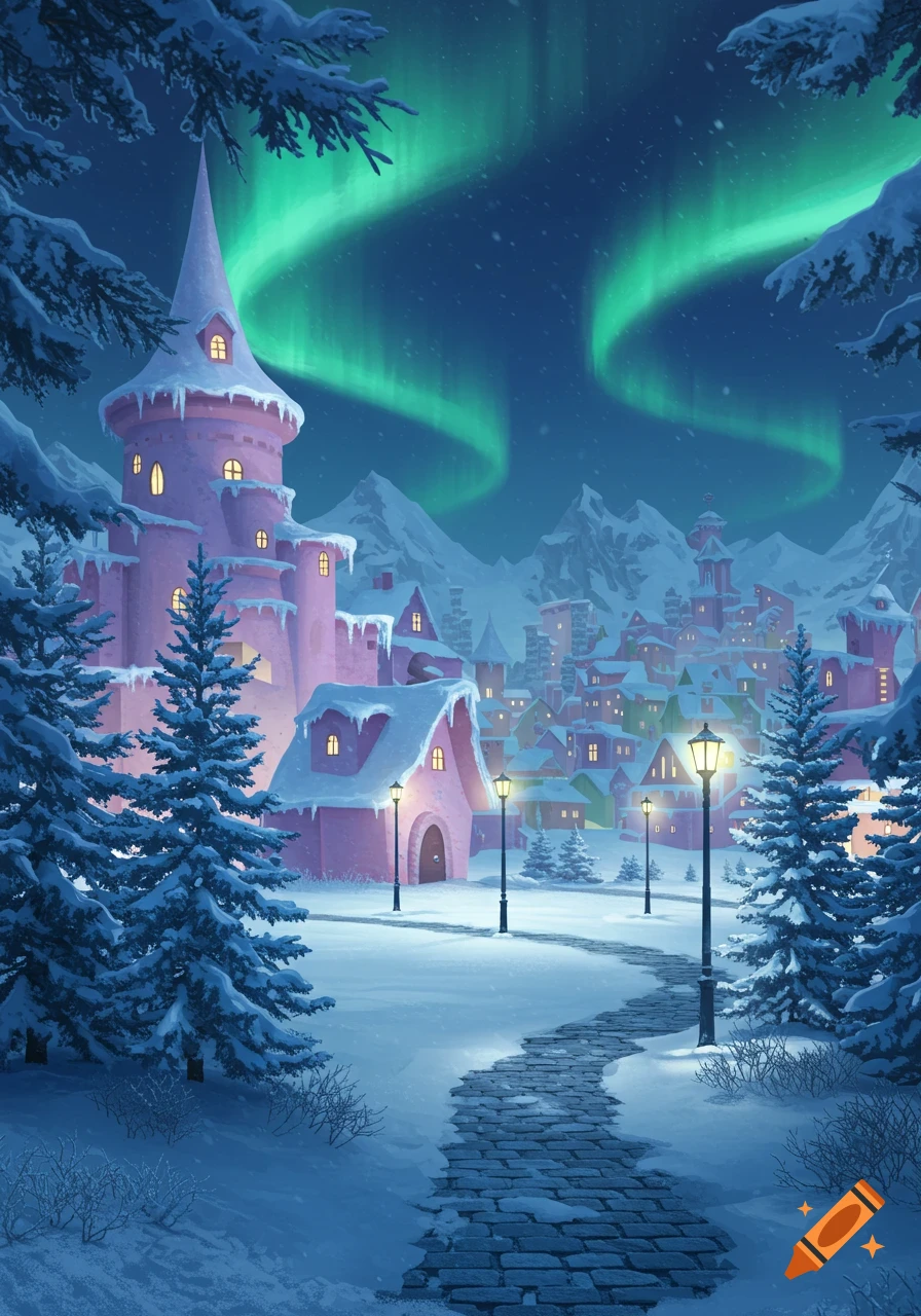 An illustrated winter night scene of a snowy village with a large pink castle and pine trees under a green aurora borealis.