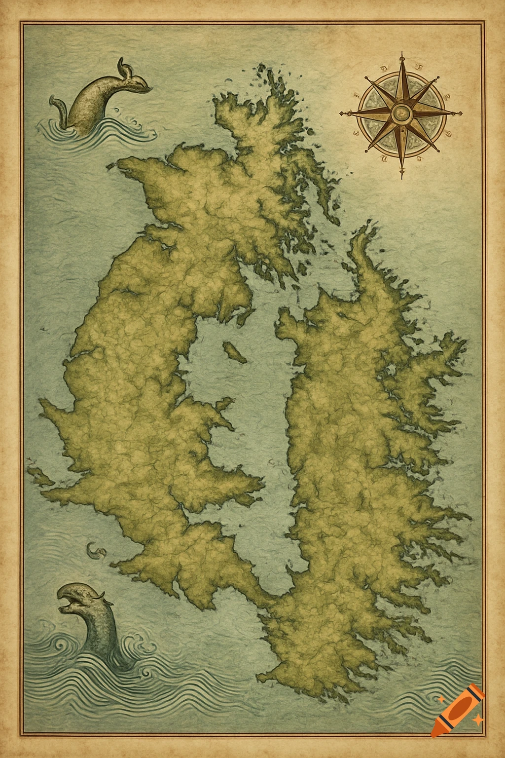 An ancient-style map depicting two large green islands in blue-green water, with two sea creatures and a compass rose on textured parchment.