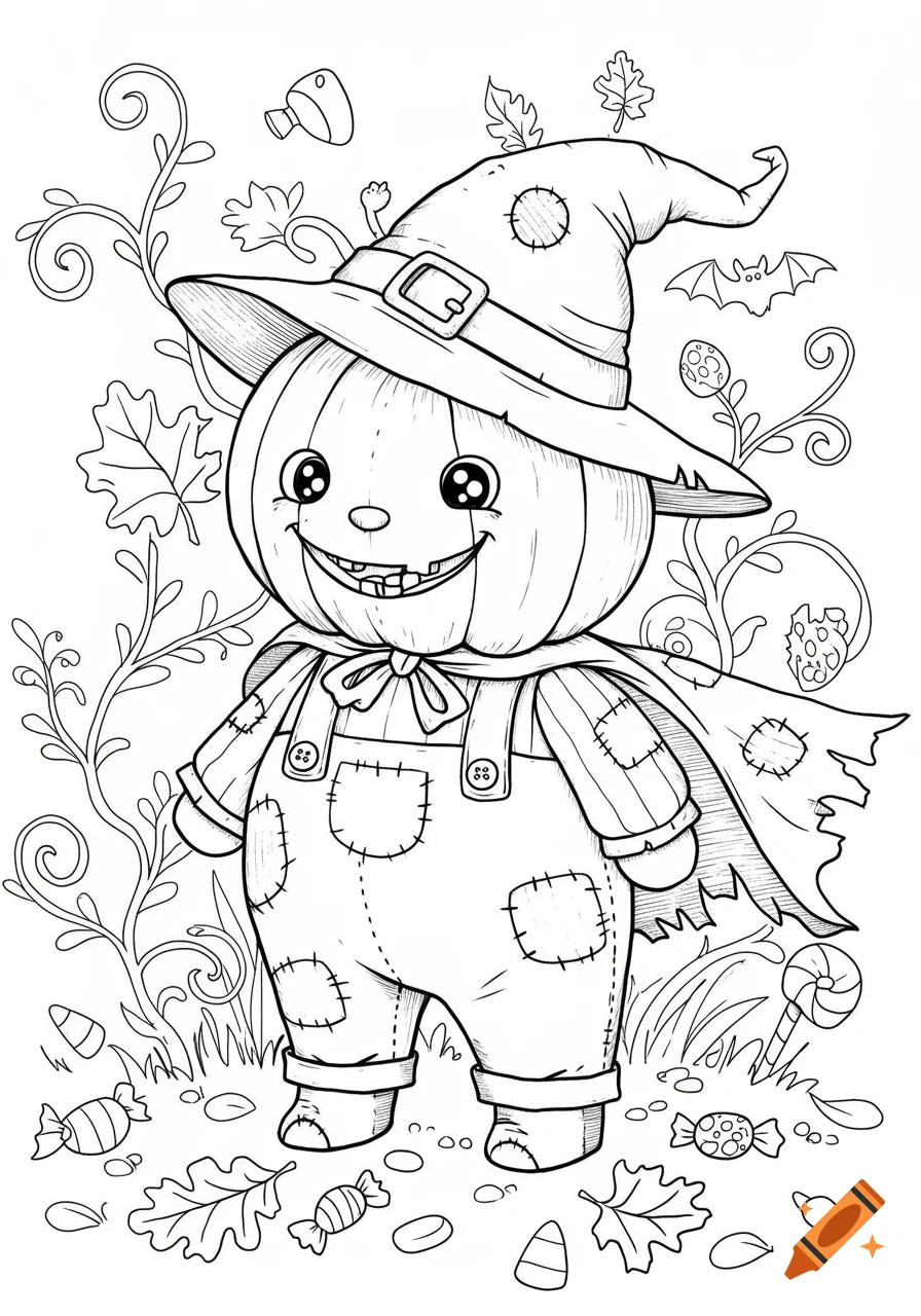 A cute pumpkin character in a witch hat and overalls, surrounded by leaves and candy, in a coloring book style.