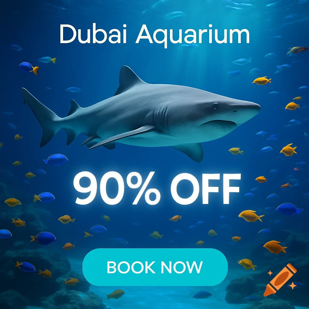 Realistic shark and colorful fish in an underwater scene with text: Dubai Aquarium 90% OFF BOOK NOW.