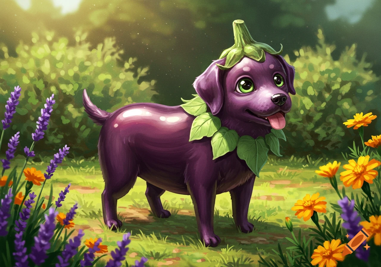 A cute, smiling purple eggplant-dog hybrid with an eggplant cap and leafy collar stands in a sunny, flower-filled garden, illustrated.