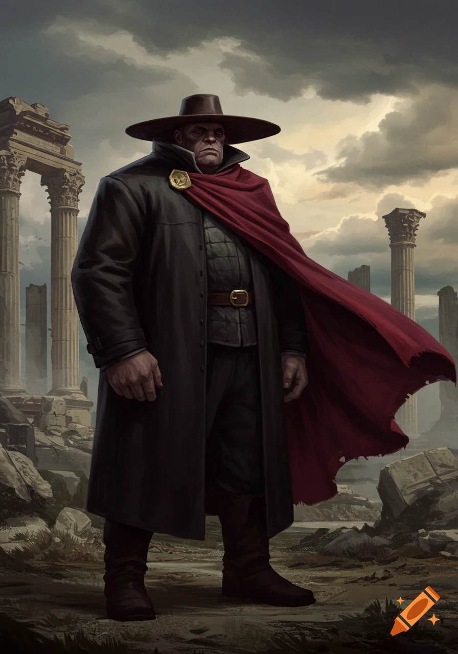 A large, stern man in a wide-brimmed hat, dark coat, and flowing red cape stands in ancient ruins under a cloudy sky.