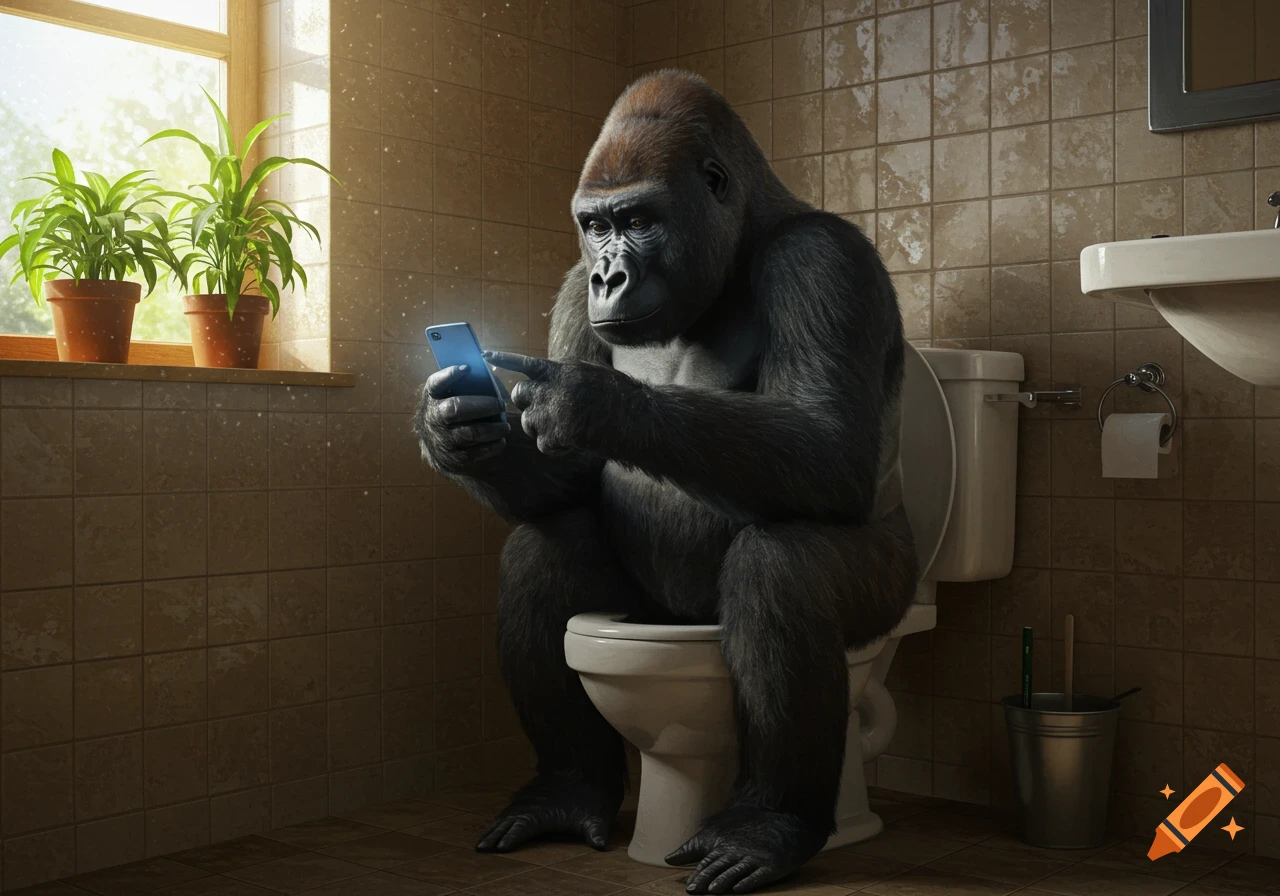 A photorealistic gorilla sits on a toilet in a bathroom, intently tapping on a glowing blue smartphone.
